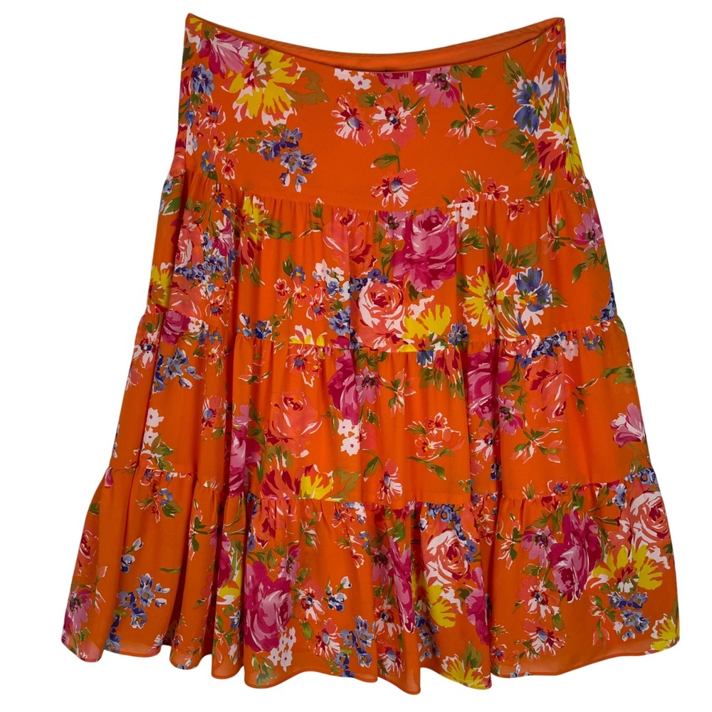 CHAPS Orange Floral Tiered Midi Skirt‎ Women's Size L
